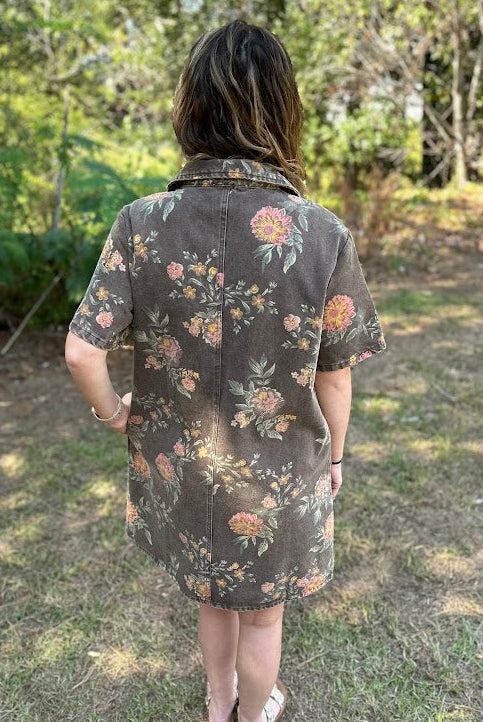 Washed Floral Denim Button-Down Dress
