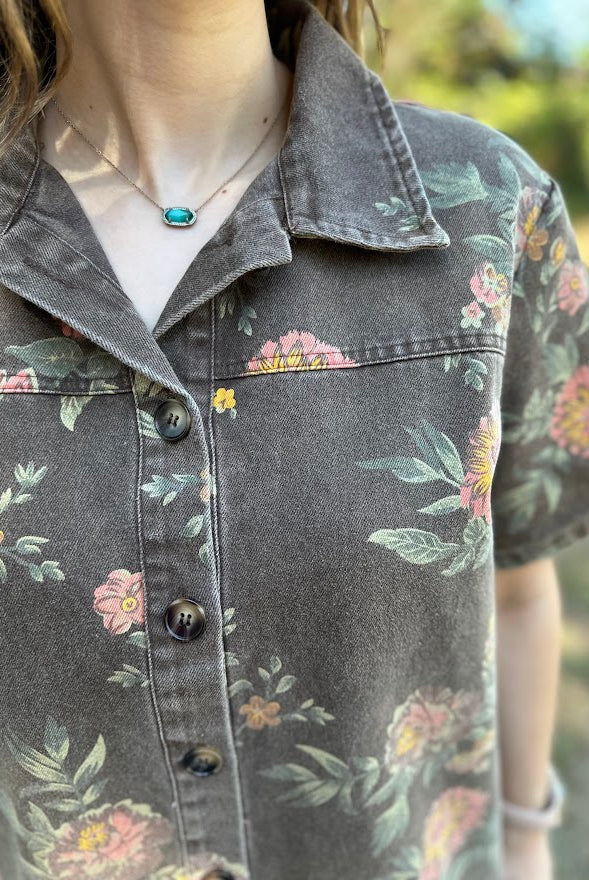 Washed Floral Denim Button-Down Dress