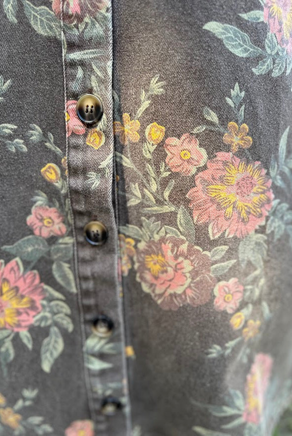 Washed Floral Denim Button-Down Dress