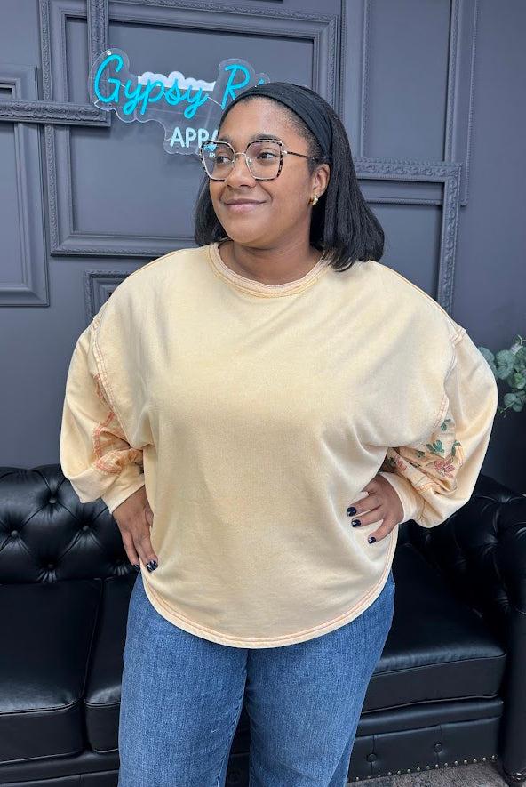 washed terry pullover, dolman sleeve sweatshirt, oversized top, patchwork pullover, cotton sweatshirt, boutique casual top, floral plaid sleeve top, relaxed fit pullover, cozy fall top, women’s boutique style