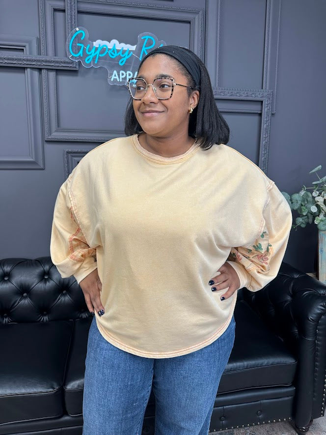 washed terry pullover, dolman sleeve sweatshirt, oversized top, patchwork pullover, cotton sweatshirt, boutique casual top, floral plaid sleeve top, relaxed fit pullover, cozy fall top, women’s boutique style