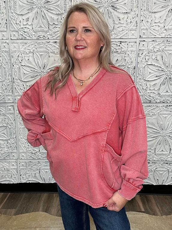 Washed V-Neck Terry Pullover with Pockets