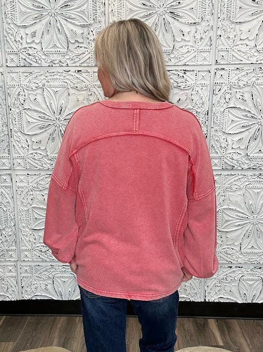 Washed V-Neck Terry Pullover with Pockets