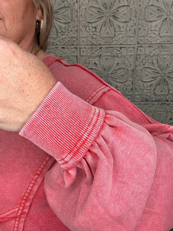 Washed V-Neck Terry Pullover with Pockets