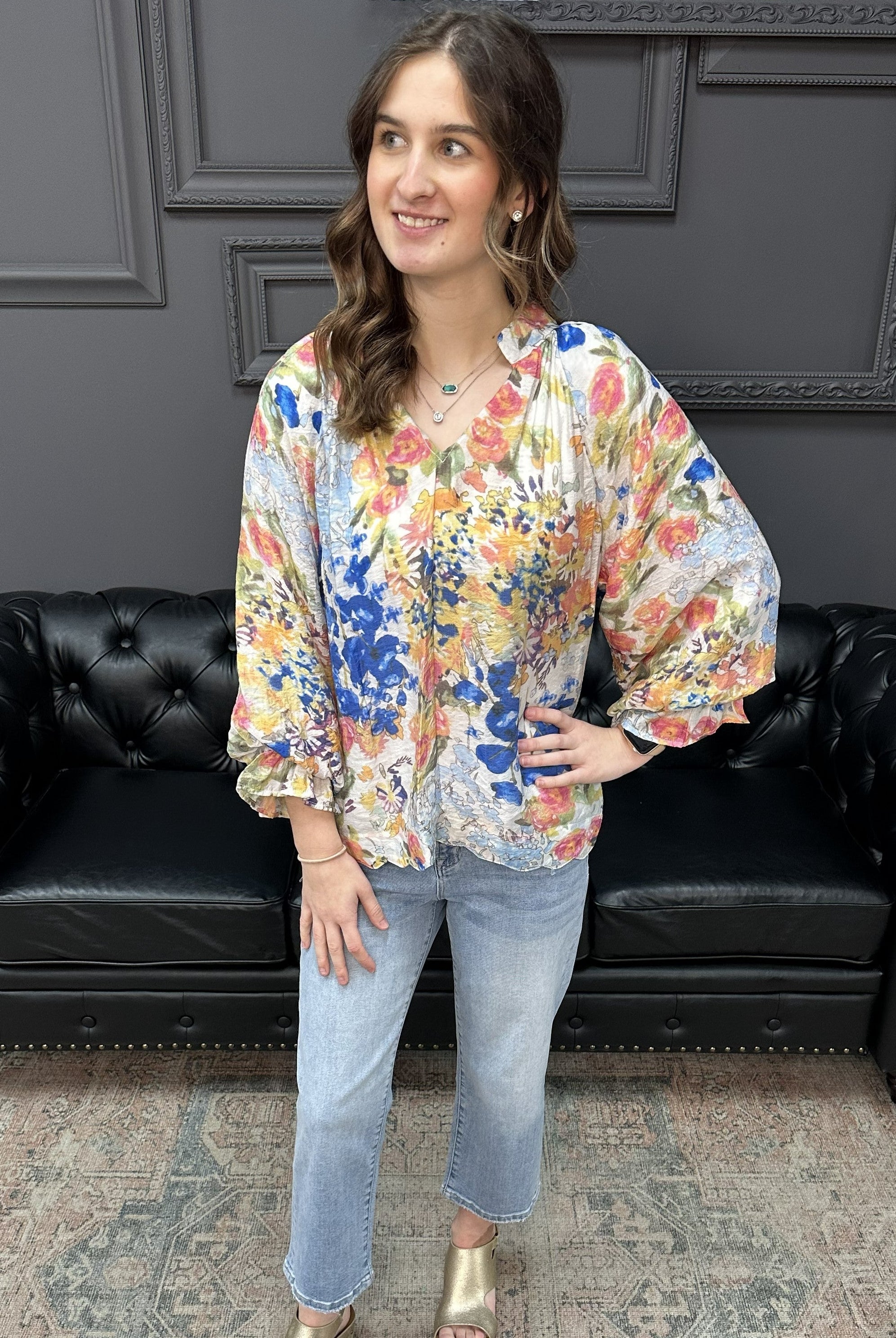 watercolor floral blouse, multicolor floral top, scalloped hem blouse, boutique floral blouse, raglan sleeve floral top, spring floral blouse