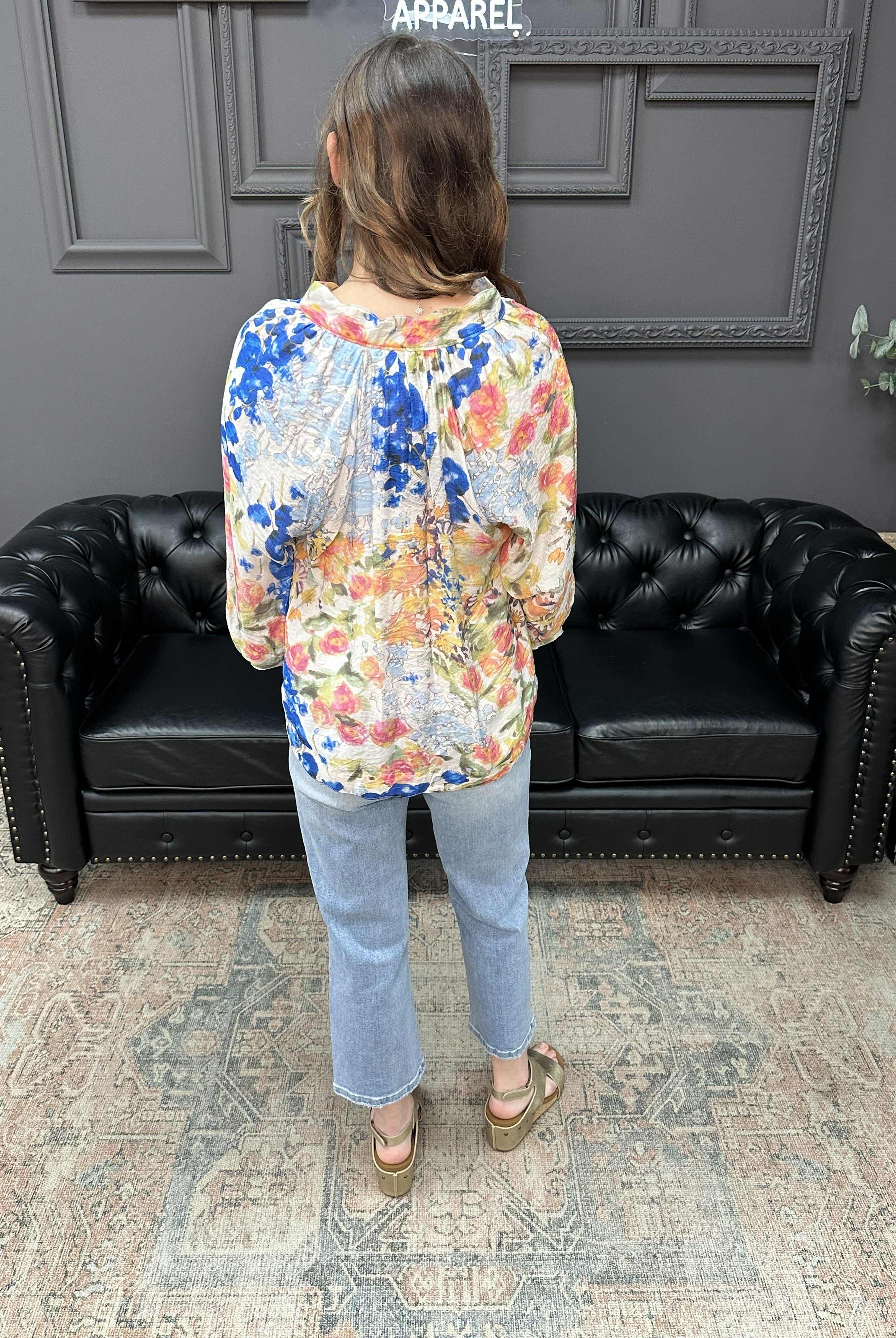 watercolor floral blouse, multicolor floral top, scalloped hem blouse, boutique floral blouse, raglan sleeve floral top, spring floral blouse