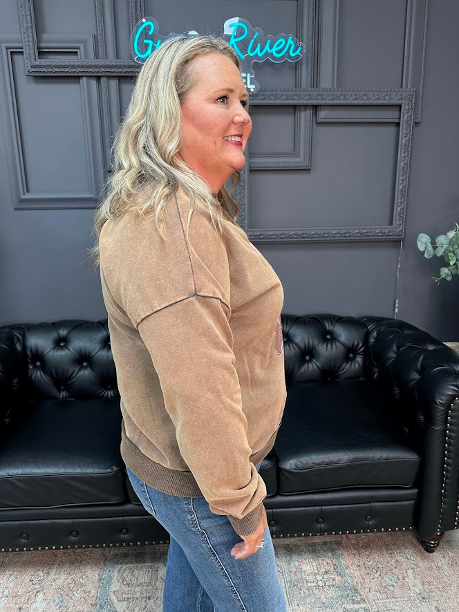 western pullover, oversized terry sweatshirt, cowboy boots graphic top, boutique western sweater, heart graphic pullover, casual fall pullover