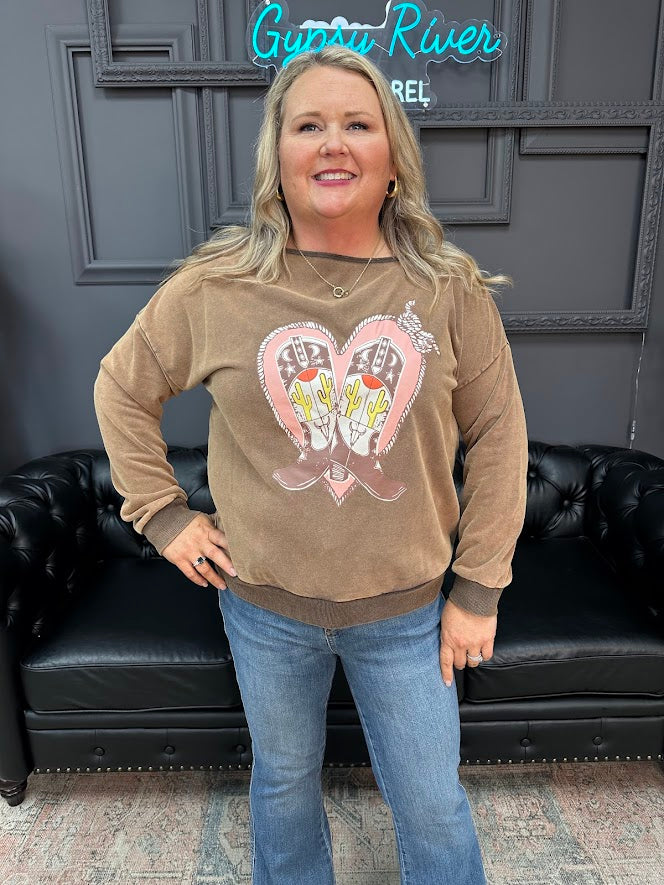 western pullover, oversized terry sweatshirt, cowboy boots graphic top, boutique western sweater, heart graphic pullover, casual fall pullover