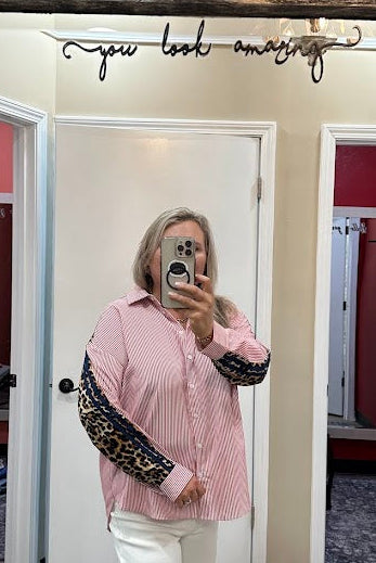leopard trim top, striped button down blouse, oversized statement top, mixed print blouse, women’s boutique tops, bold contrast blouse