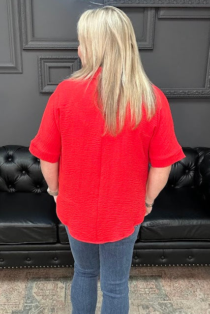 Woven Airflow Collared V-Neck Short Sleeve Top