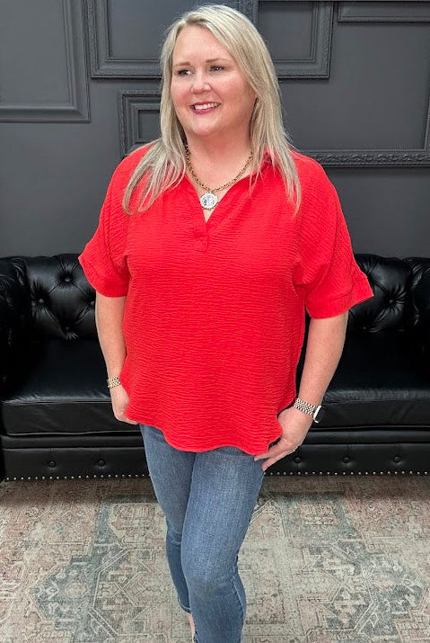 Woven Airflow Collared V-Neck Short Sleeve Top