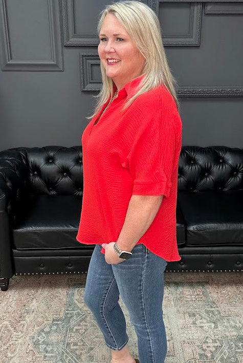 Woven Airflow Collared V-Neck Short Sleeve Top