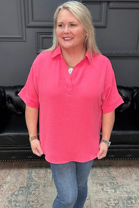 Woven Airflow Collared V-Neck Short Sleeve Top