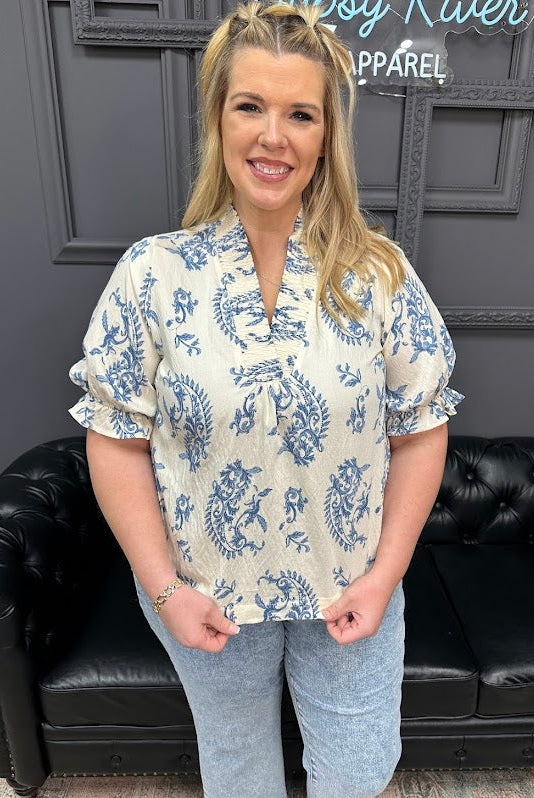 vine print blouse, ruffle trim blouse, 3/4 sleeve blouse, women’s floral top, boutique blouse, everyday blouse, Gypsy River Apparel