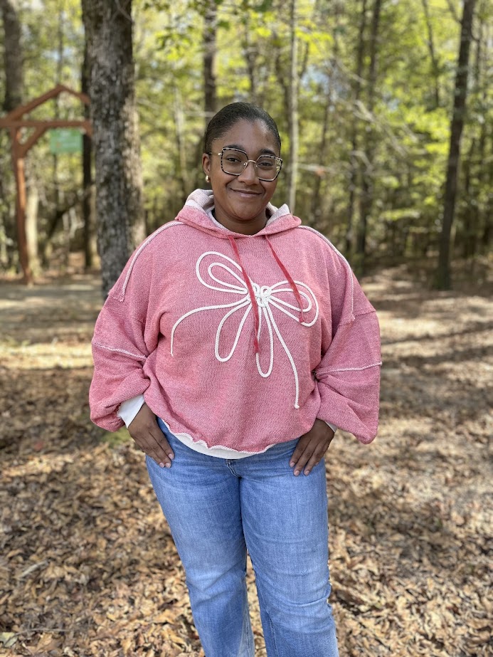 bow hoodie, embroidered sweatshirt, oversized pullover, boxy hoodie, rope bow detail, women’s casual hoodie, textured herringbone hoodie, comfy fall sweatshirt, girly hoodie, trendy casual pullover, cotton blend hoodie, everyday loungewear