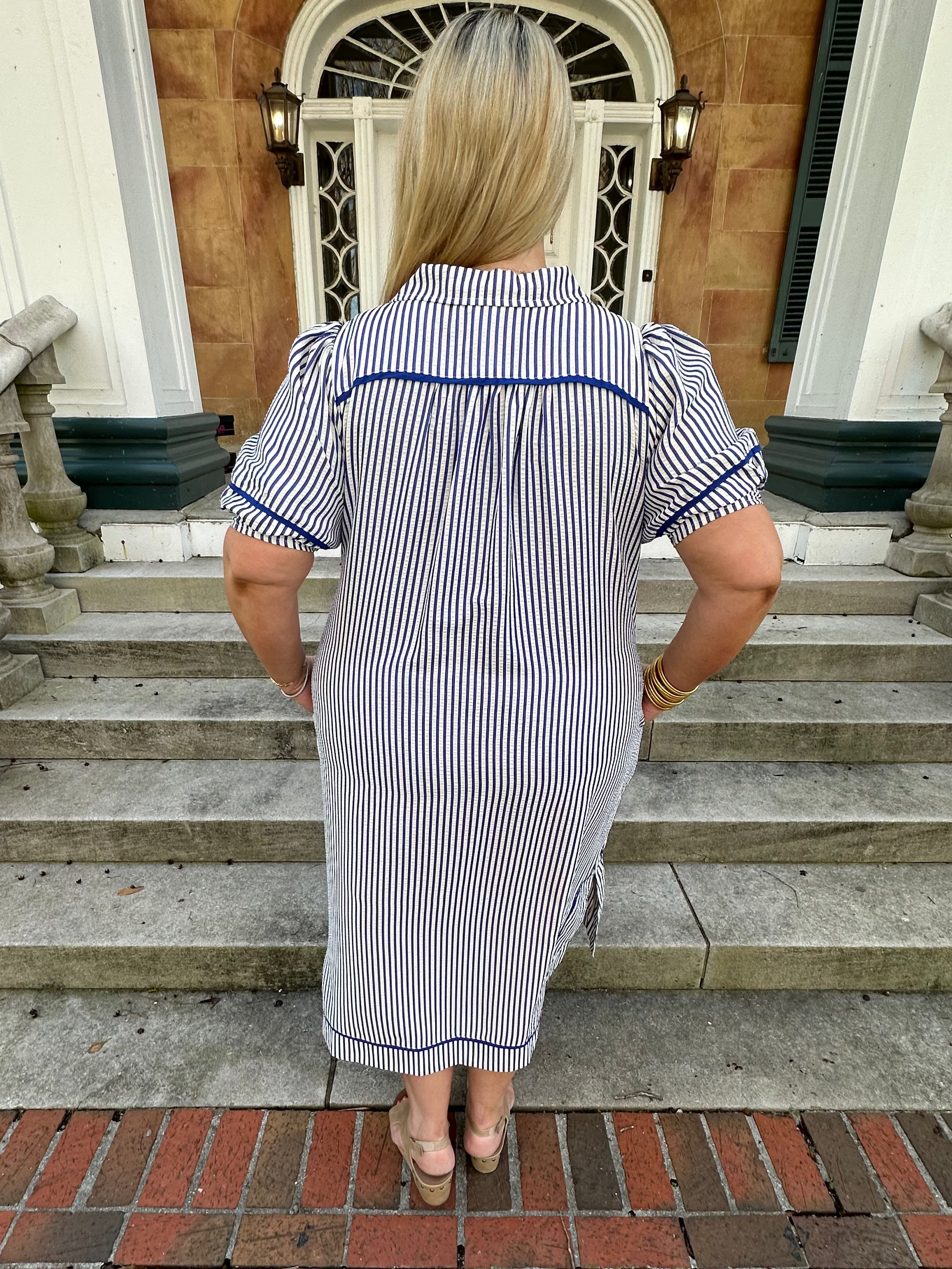 curvy striped midi dress, plus size striped dress, striped dress with pockets, boutique curvy dress, cotton blend midi dress, casual curvy dress