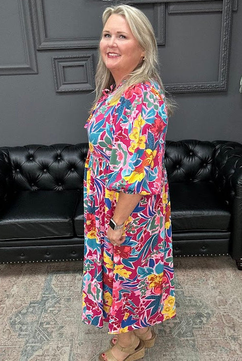 floral peasant dress, boutique floral dress, puff sleeve dress, v notch dress, women’s floral dress, casual midi dress