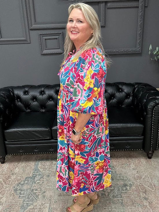 floral peasant dress, boutique floral dress, puff sleeve dress, v notch dress, women’s floral dress, casual midi dress