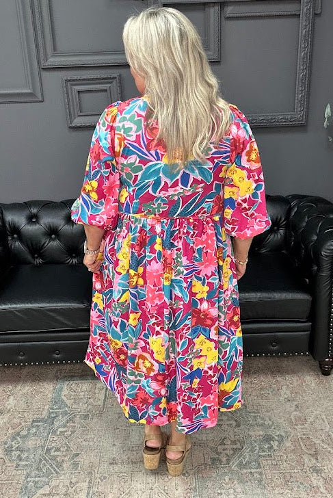 floral peasant dress, boutique floral dress, puff sleeve dress, v notch dress, women’s floral dress, casual midi dress