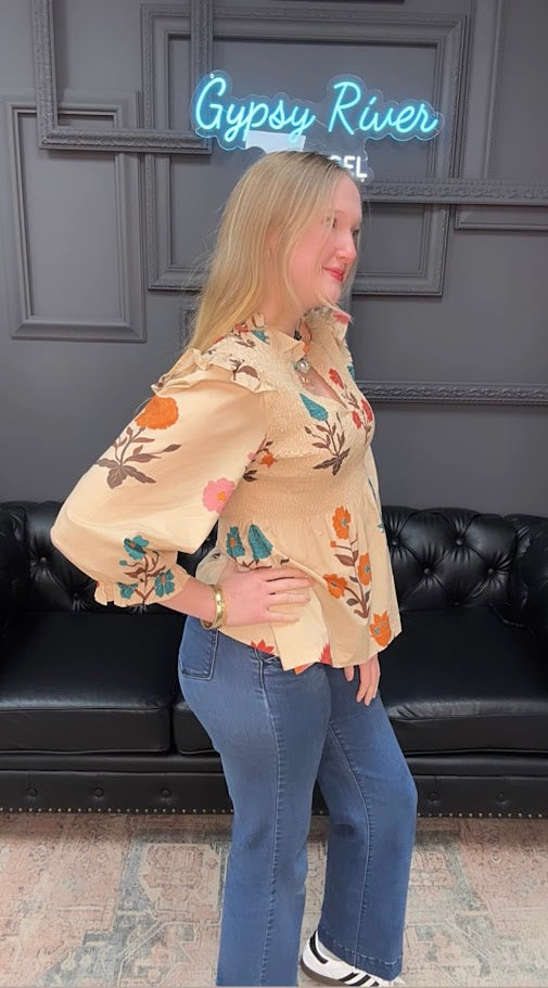 floral smocked top, botanical print blouse, ruffle shoulder blouse, cotton floral top, plus size floral blouse, lightweight woven top, 3/4 sleeve floral shirt