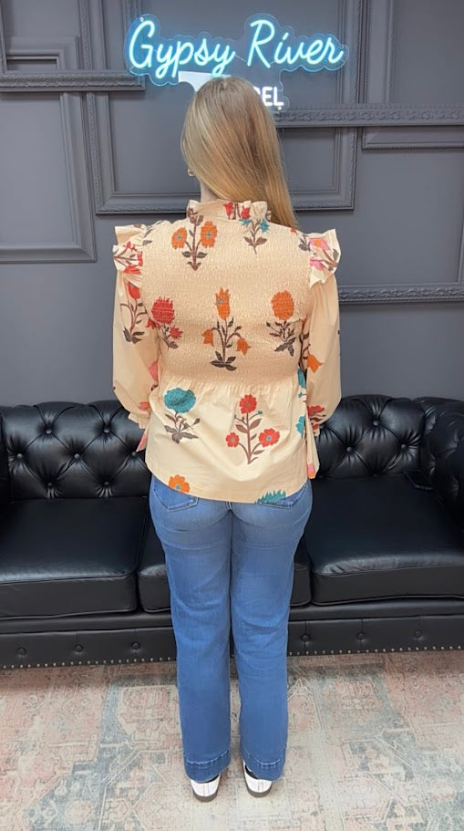 floral smocked top, botanical print blouse, ruffle shoulder blouse, cotton floral top, plus size floral blouse, lightweight woven top, 3/4 sleeve floral shirt