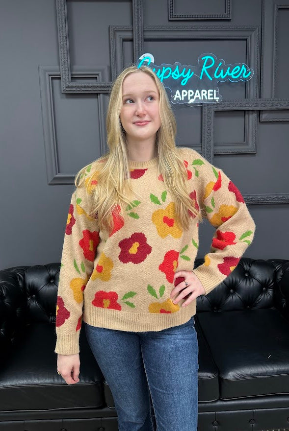 floral sweater, fall knit top, colorful sweater, women’s boutique sweater, cozy flower sweater, soft knit pullover, tan floral top, fun fall outfit, bright sweater for women, casual chic knit