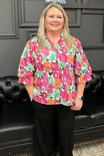 floral button down top, balloon sleeve blouse, women’s cotton blouse, colorful floral top, boutique blouses, everyday tops, Gypsy River Apparel