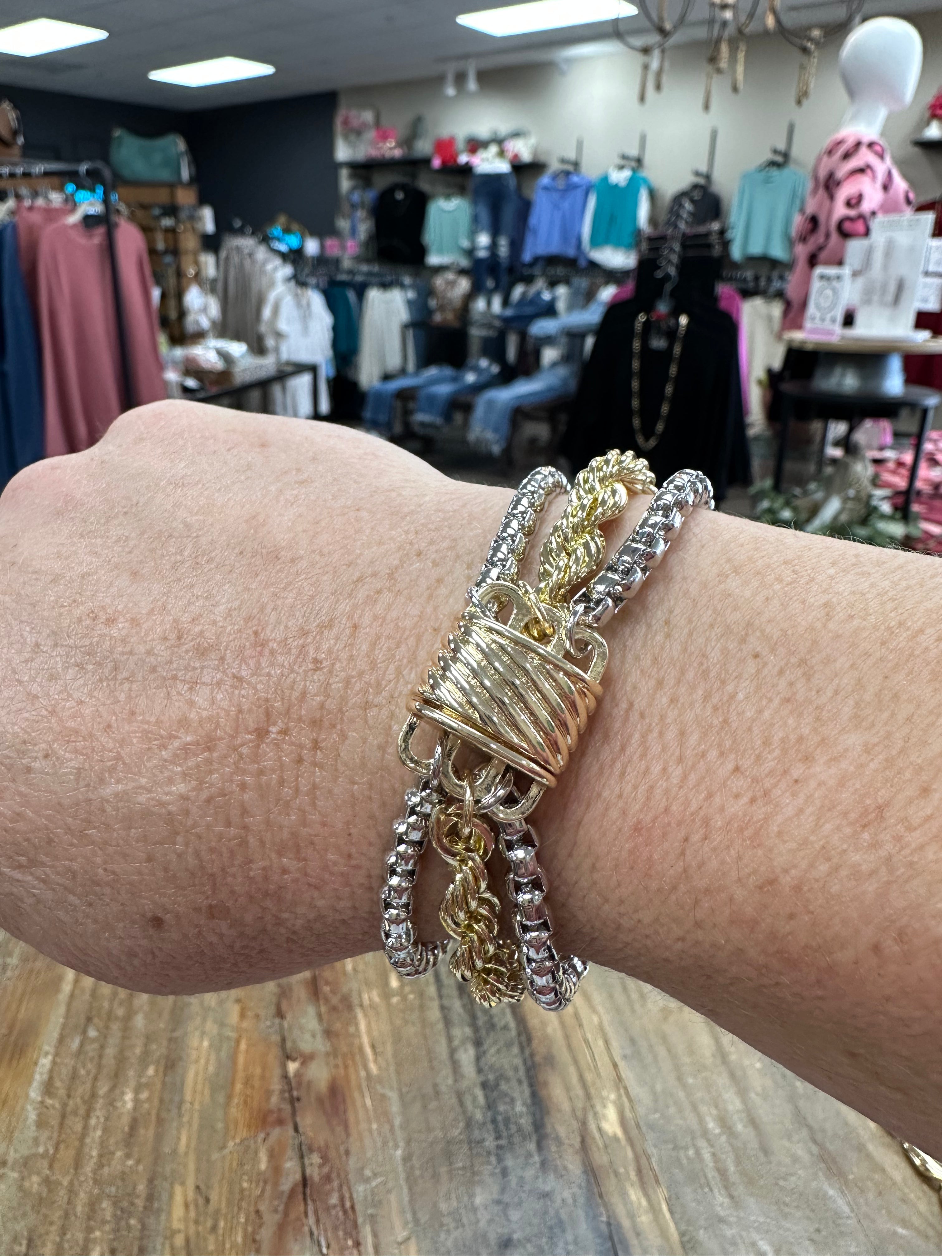 mixed metal necklace, pavé pendant necklace, adjustable pull chain necklace, long statement necklace, silver and gold necklace, anti tarnish jewelry