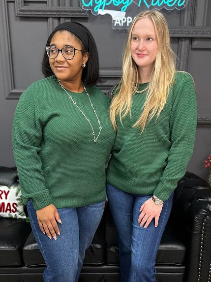 green sweater, textured knit sweater, crew neck sweater, long sleeve green top, winter sweater, holiday green sweater, cozy knit top, everyday basic sweater, curvy sweater, classic crew neck