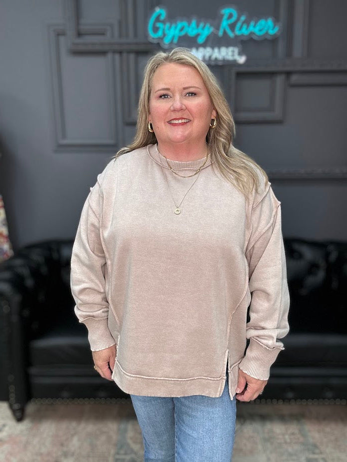 oversized olive wash crewneck sweatshirt with ribbed cuffs and hem