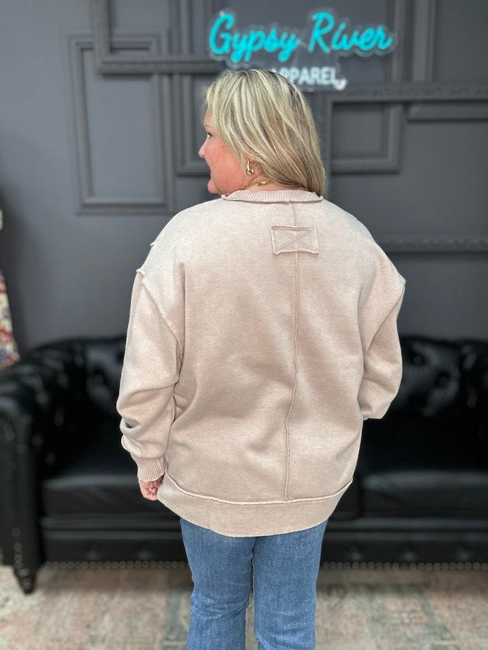 oversized olive wash crewneck sweatshirt with ribbed cuffs and hem