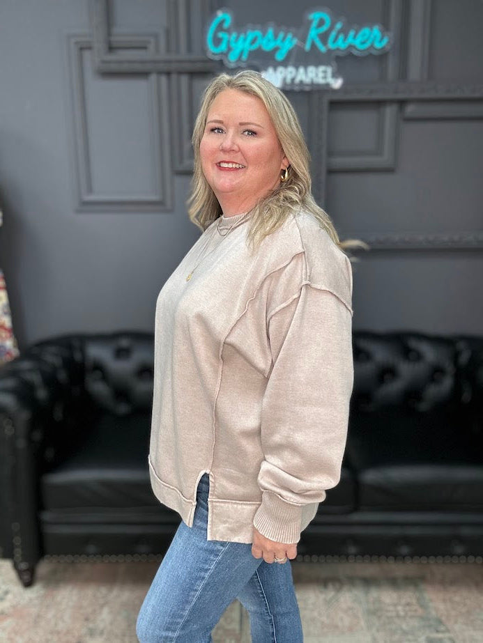 oversized olive wash crewneck sweatshirt with ribbed cuffs and hem