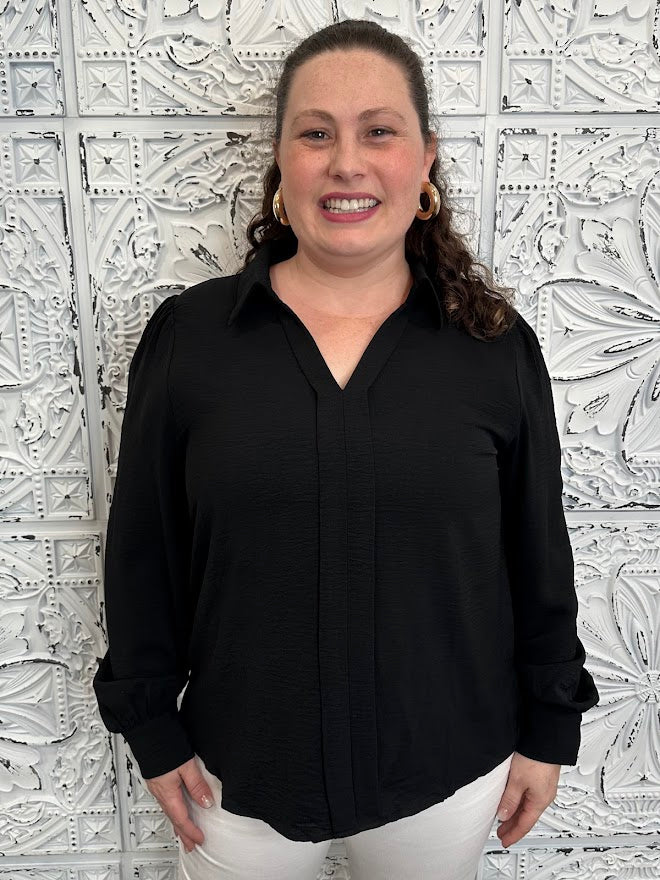 Black Long Sleeve V Neck Collared Blouse