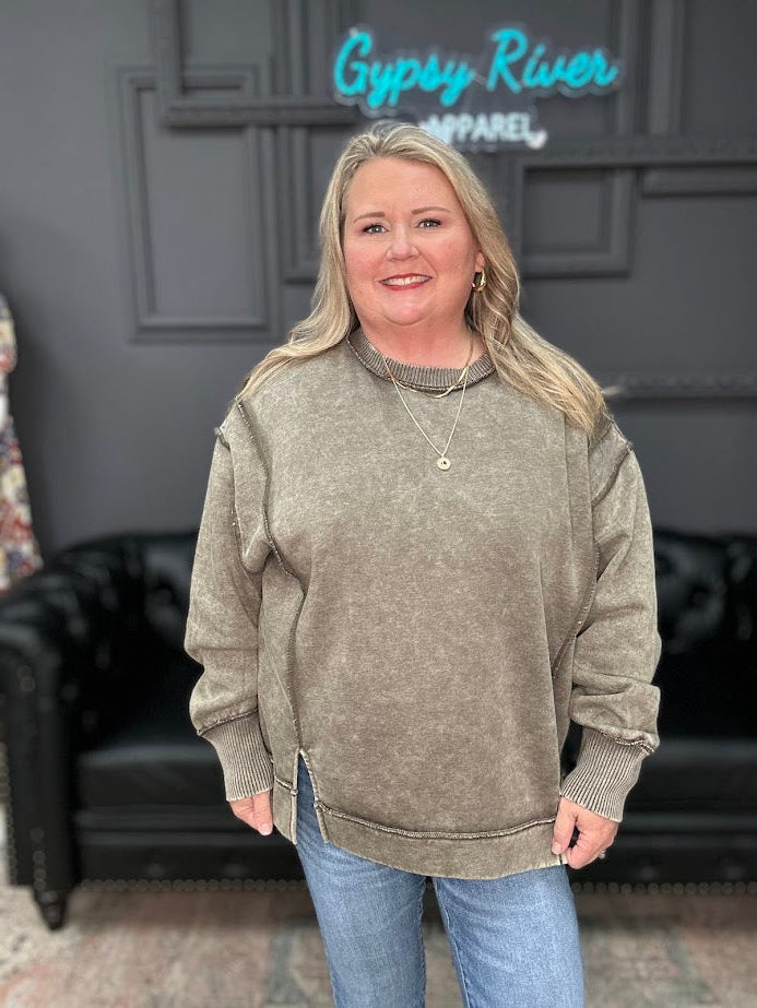 oversized olive wash crewneck sweatshirt with ribbed cuffs and hem