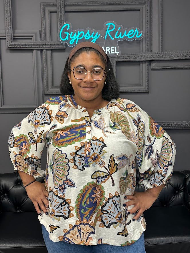 boho blouse, paisley print top, puff sleeve blouse, split neck top, flowy bohemian top, boutique blouse, lightweight blouse, fall boho fashion, women’s patterned top, chic casual blouse