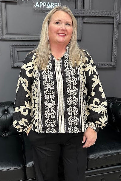 printed blouse, ruffled neck top, fringe detail blouse, women’s long sleeve blouse, boutique tops, everyday blouse, Gypsy River Apparel