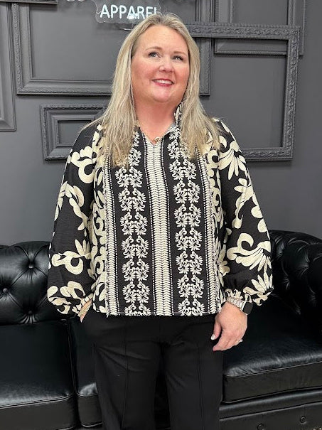 printed blouse, ruffled neck top, fringe detail blouse, women’s long sleeve blouse, boutique tops, everyday blouse, Gypsy River Apparel