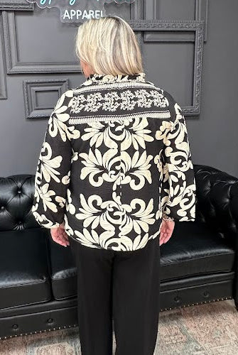 printed blouse, ruffled neck top, fringe detail blouse, women’s long sleeve blouse, boutique tops, everyday blouse, Gypsy River Apparel