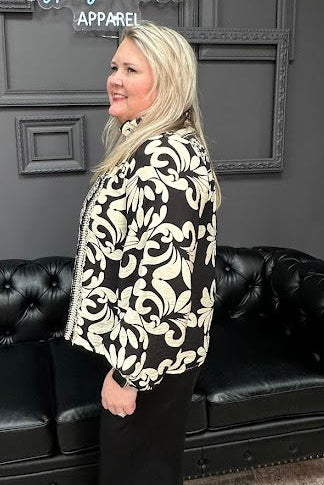 printed blouse, ruffled neck top, fringe detail blouse, women’s long sleeve blouse, boutique tops, everyday blouse, Gypsy River Apparel