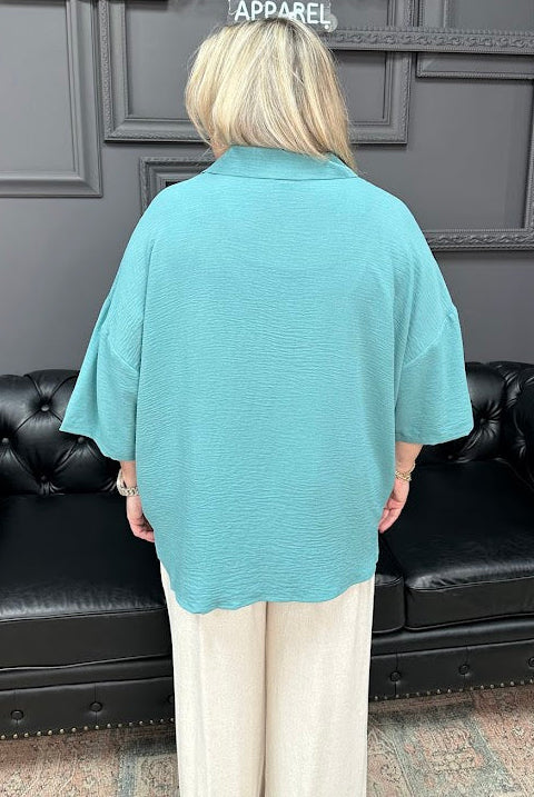 v-neck collared top, pull on blouse, women’s work top, relaxed fit blouse, boutique tops, everyday blouse, Gypsy River Apparel