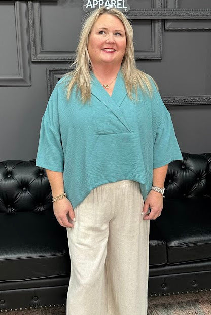 v-neck collared top, pull on blouse, women’s work top, relaxed fit blouse, boutique tops, everyday blouse, Gypsy River Apparel