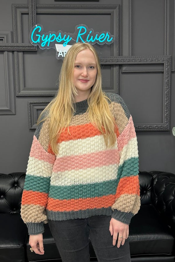 striped sweater, fall sweater, textured knit sweater, cozy pullover, boutique knitwear, chunky sweater, multicolor stripe top, oversized sweater, fall outfit, soft casual sweater