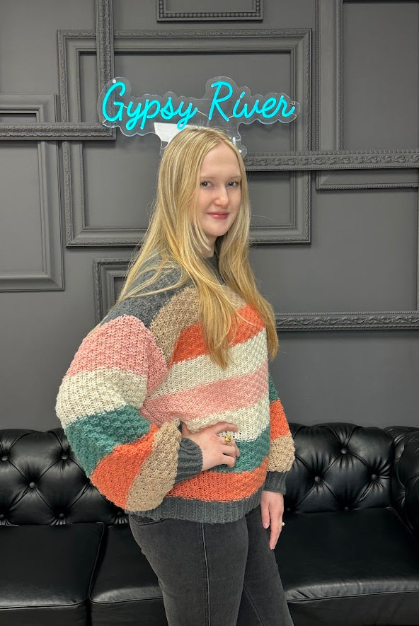 striped sweater, fall sweater, textured knit sweater, cozy pullover, boutique knitwear, chunky sweater, multicolor stripe top, oversized sweater, fall outfit, soft casual sweater