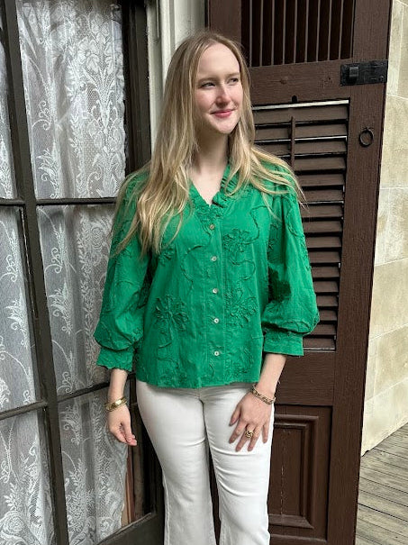 3D floral top, button down floral blouse, cotton women’s top, textured floral blouse, 3/4 sleeve blouse, feminine button down