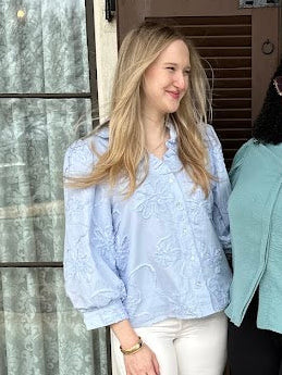 3D floral top, button down floral blouse, cotton women’s top, textured floral blouse, 3/4 sleeve blouse, feminine button down