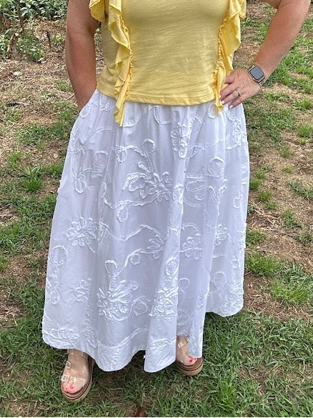 3D Floral Embroidered Cotton Midi Skirt