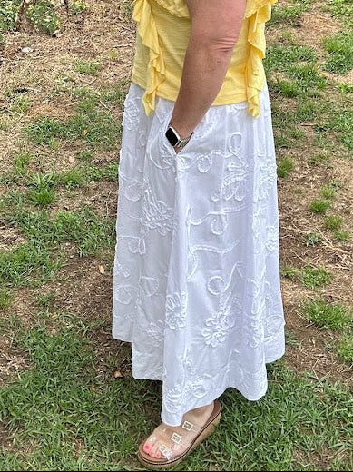 3D Floral Embroidered Cotton Midi Skirt