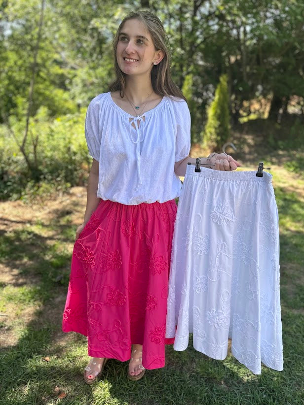3D Floral Embroidered Cotton Midi Skirt