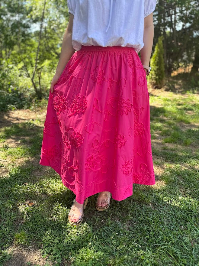 3D Floral Embroidered Cotton Midi Skirt