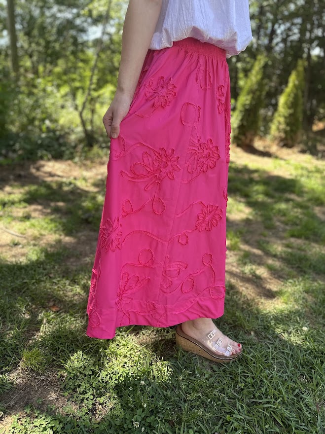 3D Floral Embroidered Cotton Midi Skirt